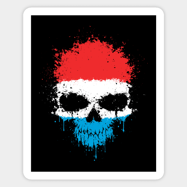 Chaotic Luxembourg Flag Splatter Skull Sticker by jeffbartels